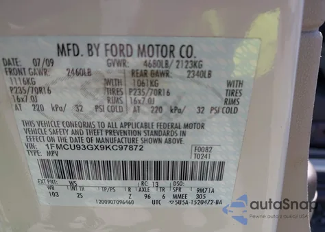 2009 Ford Escape Xlt z USA, uszkodzony, nr VIN 1FMCU93GX9KC97872